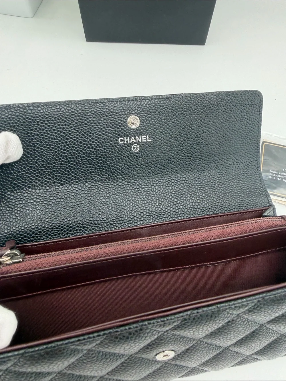 CHANEL Black Quilted Classic Flap Wallet Caviar skin with silver CC Logo😍